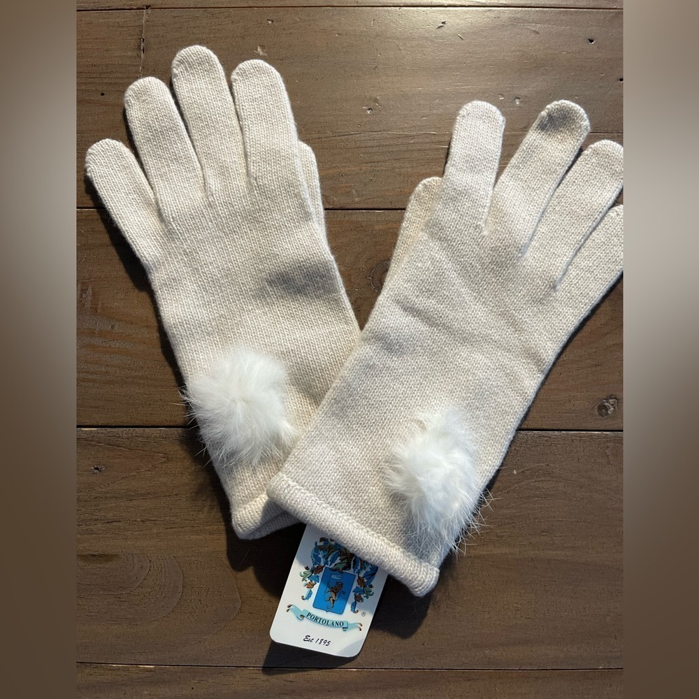 Portolano women cream white 100% cashmere rabbits fur mittens NWT